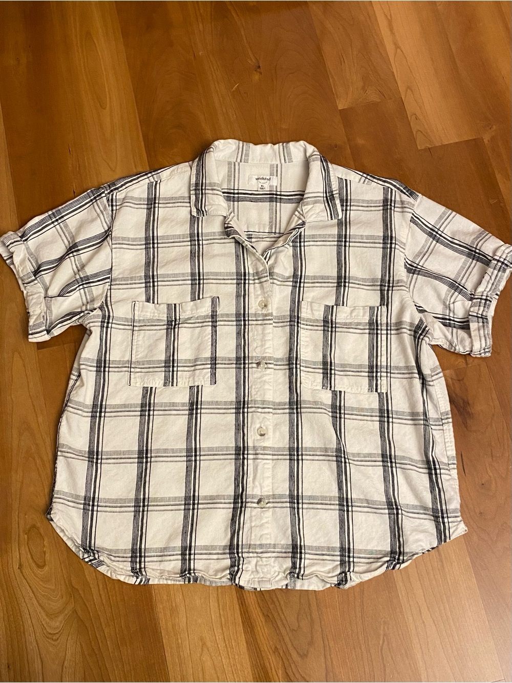 Weekend Linen Style Black & White Plaid Button-Down Shirt